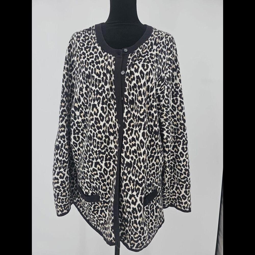 LANDS' END Women's Leopard Print Supima Cotton Cardigan Sweater Size 2XL